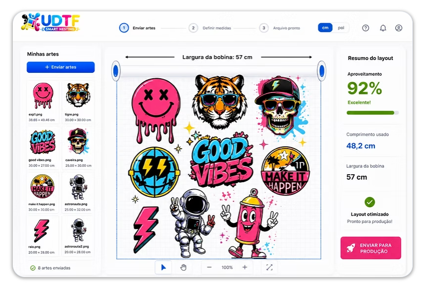Interface do Smart Nesting mostrando o envio de artes, definição de medidas e layout otimizado para impressão DTF